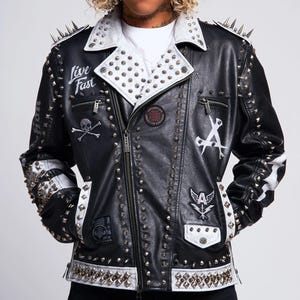 Custom Hand-Studded Punk Leather Jacket - Y2K Grunge Biker Coat, Spiked Heavy Metal Rockstar Patch Jacket, Night Screamer Moto Style