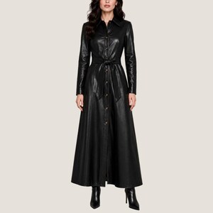 Black Leather Maxi Trench Coat | Belted Button Front Overcoat, Fall Winter Fashion Jacket