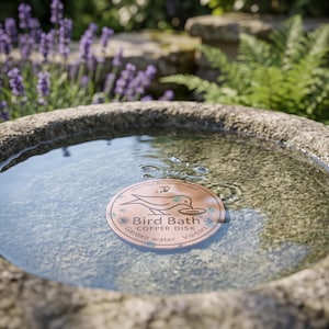 Może przedstawiać: Okrągła miedziana tarcza zanurzona w kamiennym poidełku dla ptaków. Tarcza posiada wygrawerowaną ilustrację ptaka oraz napis "Bird Bath COPPER DISK", "2mm Thick Reinforced Copper" i "Garden water Visitors" wzdłuż zewnętrznej krawędzi.