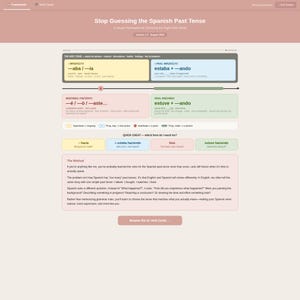 May include: A digital educational chart titled Stop Guessing the Spanish Past Tense, featuring a visual framework with color-coded sections in yellow, blue, red, and green. It includes grammatical explanations, verb endings, and a section labeled The Method.