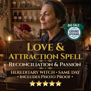 May include: A dark red rose held in cupped hands with text overlay reading LOVE & ATTRACTION SPELL RECONCILIATION & PASSION HEREDITARY WITCH SAME DAY INCLUDES PHOTO PROOF and a green BIG SALE GRAND OPENING badge with five gold stars below.