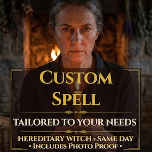 May include: A person in a dark shirt holds a lit candle in front of a fireplace. Text overlay reads: CUSTOM SPELL TAILORED TO YOUR NEEDS HEREDITARY WITCH SAME DAY INCLUDES PHOTO PROOF. The lighting is dim with warm orange tones from the fire.