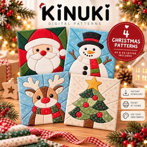 May include: Four square digital patterns featuring Christmas designs: Santa Claus, a snowman, a reindeer, and a decorated tree. The text reads KINUKI DIGITAL PATTERNS and 4 CHRISTMAS PATTERNS A4 & US LETTER INCLUDED with icons for instant download, print at home, and use your own fabrics.