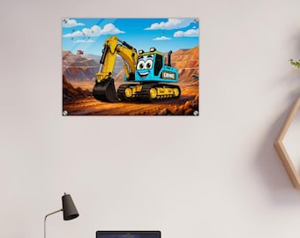 Muurdecoratie met graafmachine | Kinderkamerdecoratie met graafmachine | Bouwthema voor de babykamer | Kunst met grote machines | Acryl muurdecoratie | Jongenskamer