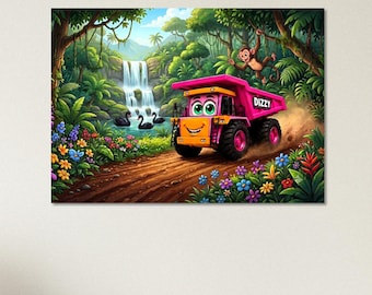Roze kiepwagen jungle muurdecoratie | Bouwdecoratie voor kinderkamer | Waterval aapje print voor kinderkamer | Metalen print | Speelkamer kunst