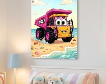 Kiepwagen Muurdecoratie | Acryl Muurdecoratie | Kunst met Bouwvoertuigen | Strandthema Kinderkamer | Jongenskamer | Meisjeskamer | Cadeau voor Peuters