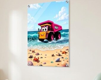 Roze kiepwagen strand muurdecoratie | Oceaan golven kinderkamer decoratie | Bouwvoertuig print voor meisjes | Acryl muurdecoratie | Peuter kunst