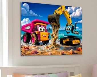 Muurdecoratie met graafmachine en kiepwagen | Bouwthema kinderkamerdecoratie | Graafmachine babykamerprint | Metalen print | Speelkamer voor peuters