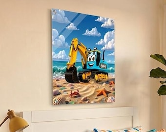 Muurdecoratie met graafmachine en strandthema | Decoratie voor kinderkamer met graafmachine | Print met bouwvoertuig voor de babykamer | Strandthema voor peuters | Acryl muurdecoratie