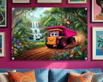 Roze kiepwagen jungle muurdecoratie | Bouwdecoratie voor kinderkamer | Waterval aapje print voor babykamer | Acryl muurdecoratie | Speelkamer kunst