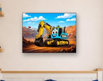 Muurdecoratie met graafmachine | Kinderkamerdecoratie met graafmachine | Bouwthema voor de babykamer | Kunst met grote machines | Metalen print | Jongenskamer