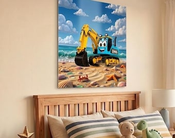 Muurdecoratie met graafmachine en strandthema | Graafmachine kinderkamerdecoratie | Print met bouwvoertuig voor de babykamer | Strandthema peuterkunst | Metalen print