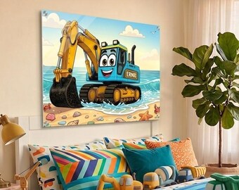 Muurdecoratie met graafmachine op het strand | Cartoon graafmachine kinderkamerdecoratie | Bouwthema babykamerprint | Vuurtoren aan zee kunst | Acryl muurdecoratie