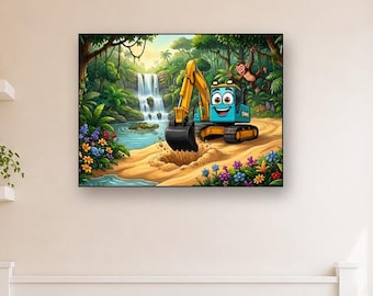 Muurdecoratie met graafmachine en junglemotief | Decoratie voor kinderkamer met graafmachine | Print met krokodil, aap en waterval voor de kinderkamer | Bouwkunst | Metalen print