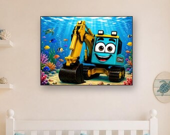 Muurdecoratie met onderwatergraafmachine | Oceaangraafmachine kinderkamerdecoratie | Zeeschildpad tropische vis kinderkamerprint | Acryl muurdecoratie | Speelkamer
