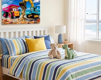 Muurdecoratie met graafmachine en kiepwagen | Bouwthema kinderkamerdecoratie | Graafmachine babykamerprint | Acryl muurdecoratie | Speelkamer voor peuters