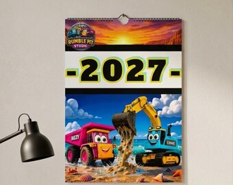 Kinderwandkalender 2027 | Bouwkiepwagen en graafmachine | Decoratie voor kinderkamer | Vrachtwagen cadeau voor jongens en meisjes