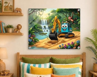 Muurdecoratie met graafmachine en junglemotief | Decoratie voor kinderkamer met graafmachine | Print met krokodil, aap en waterval voor de kinderkamer | Bouwkunst | Acryl muurdecoratie