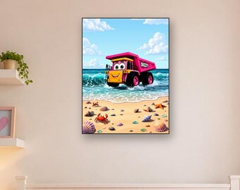 Roze kiepwagen strand muurdecoratie | Oceaan golven kinderkamer decoratie | Bouwvoertuig print voor meisjes | Metalen print | Kunst voor peuters