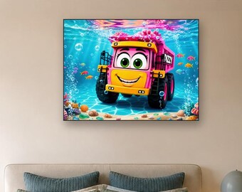 Onderwater kiepwagen muurdecoratie | Roze vrachtwagen oceaan kinderkamer decoratie | Tropische vissen babykamer print | Acryl muurdecoratie | Speelkamer kunst