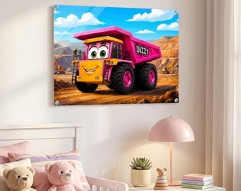 Roze kiepwagen muurdecoratie | Bouwthema kinderkamer decoratie | Mijnbouwvrachtwagen babykamer print | Acryl muurdecoratie | Kunst voor speelkamer meisjes en jongens