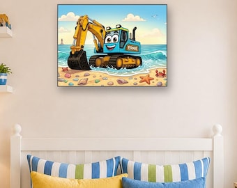 Muurdecoratie met graafmachine op het strand | Cartoon graafmachine kinderkamerdecoratie | Bouwthema babykamerprint | Vuurtoren kustkunst | Metalen print