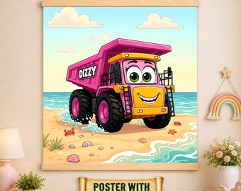 Roze kiepwagen strand muurdecoratie | Zachte pastelkleuren kinderkamerdecoratie | Print van een bouwvoertuig voor meisjeskamer | Muurposter | Kunst voor peuters