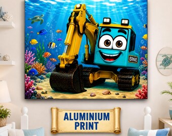 Muurdecoratie met onderwatergraafmachine | Oceaangraafmachine kinderkamerdecoratie | Zeeschildpad tropische vis print voor de kinderkamer | Metalen print | Speelkamer