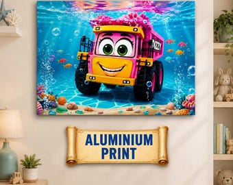 Onderwater kiepwagen muurdecoratie | Roze vrachtwagen oceaan kinderkamer decoratie | Tropische vissen babykamer print | Metalen print | Speelkamer kunst