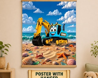 Blauwe graafmachine strandposter met houten ophanghaak | Graafmachine speelkamerdecoratie voor jongens of meisjes | Kunst voor kinderkamer