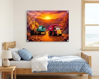 Muurdecoratie met graafmachine en kiepwagen bij zonsondergang | Kinderkamerdecoratie met Australische outback-mijnthema | Kangoeroeprint voor de kinderkamer | Acryl muurdecoratie | Speelkamer
