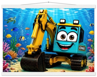 Muurdecoratie met onderwatergraafmachine | Oceaangraafmachine kinderkamerdecoratie | Zeeschildpad tropische vis kinderkamerprint | Muurposter | Speelkamer