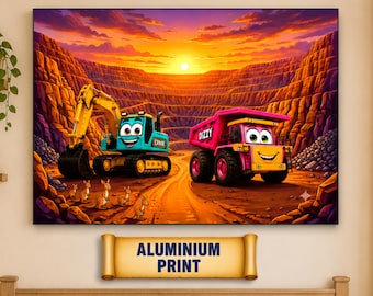 Muurdecoratie met graafmachine en kiepwagen bij zonsondergang | Kinderkamerdecoratie met Australische outback-mijnthema | Print met kangoeroe voor de kinderkamer | Metalen print | Speelkamer