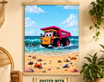 Roze kiepwagen strand muurdecoratie | Oceaan golven kinderkamer decoratie | Bouwvoertuig print voor meisjes | Muurposter | Peuterkunst