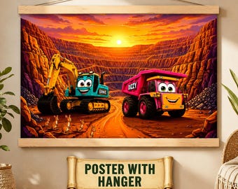 Muurdecoratie met graafmachine en kiepwagen bij zonsondergang | Kinderkamerdecoratie met Australische outback-mijn | Print met kangoeroe voor de kinderkamer | Muurposter | Speelkamer