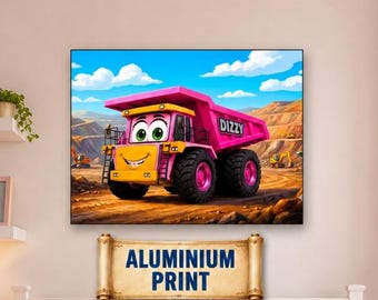 Roze kiepwagen muurdecoratie | Bouwthema kinderkamer decoratie | Mijnbouwvrachtwagen babykamer print | Metalen print | Kunst voor speelkamer meisjes en jongens