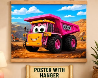 Muurposter | Roze kiepwagen muurdecoratie | Bouwthema kinderkamerdecoratie | Mijnbouwvrachtwagen babykamerprint | Kunst voor speelkamer meisjes en jongens
