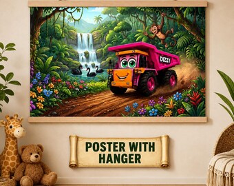Roze kiepwagen jungle muurdecoratie | Bouwdecoratie kinderkamer | Waterval aapje kinderkamerprint | Muurposter | Speelkamerkunst