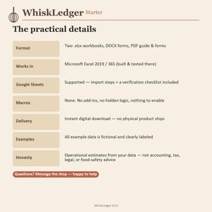 May include: A digital product information sheet titled WhiskLedger Starter. It lists practical details including format as .xlsx, DOCX, and PDF files, compatibility with Microsoft Excel 2019/365 and Google Sheets, no macros, instant download, and data disclaimers.