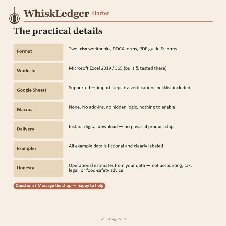 May include: A digital product information sheet titled WhiskLedger Starter. It lists practical details including format as .xlsx, DOCX, and PDF files, compatibility with Microsoft Excel 2019/365 and Google Sheets, no macros, instant download, and data disclaimers.