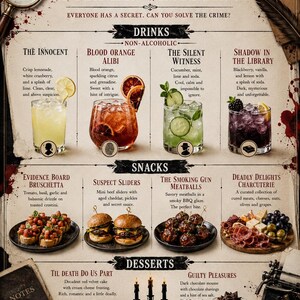 May include: A menu titled A Night of Murder & Mystery featuring sections for drinks, snacks, and desserts. The layout includes illustrations of cocktails, sliders, bruschetta, meatballs, charcuterie, red velvet cake, and chocolate mousse.