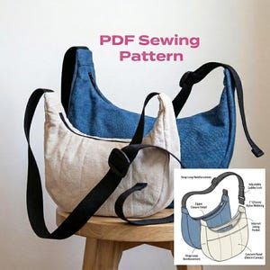 Könnte beinhalten: Ein PDF-Schnittmuster für eine halbmondförmige Umhängetasche. Das Bild zeigt eine blaue Jeans-Tasche und eine cremefarbene Tasche, beide mit schwarzen, verstellbaren 25-mm-Nylongurten, Reißverschlüssen und einer beschrifteten technischen Zeichnung.