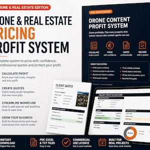 May include: A digital business system for drone and real estate photography featuring a manual titled Drone Content Profit System, a client quote document, and a tablet displaying a project profit calculator with charts and financial data.