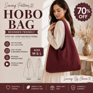Peut inclure: Un patron de couture numérique pour un sac hobo, avec le texte Sewing Pattern, Hobo Bag, Beginner Friendly, Step-by-Step Instructions, PDF Pattern A4 US Letter, Sizes M & L, et Sewing By Elowen. Inclut une illustration en dessin au trait.