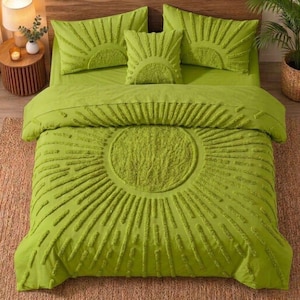 Tufted Sunburst Duvet Cover Set, Bright Green Boho Bedding, Textured Cotton Comforter (Queen/King)
