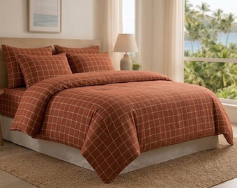Rust Grid Duvet Cover Set | Terracotta Plaid Bedding | Soft Cotton Boho Decor