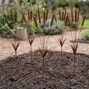 May include: A set of four rust-colored metal garden stakes, each featuring multiple thin stems topped with textured, cylindrical cattail-shaped finials. The stakes are inserted into dark soil, with each unit standing upright as a decorative accent.