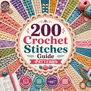 Könnte beinhalten: Ein Buch mit dem Titel 200 Crochet Stitches Guide Patterns mit einem kreisförmigen Einband mit gewelltem Rand, umgeben von strahlenförmig angeordneten Streifen aus bunten Häkelmustern, Garnknäueln, einer Häkelnadel und einer Schere.