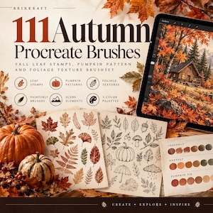 111 Autumn Procreate Brushes, Fall Leaf Stamps, Pumpkin Patterns, Foliage Textures (Digital Download)