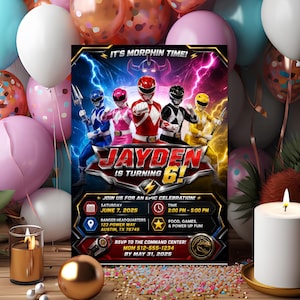 May include: A rectangular birthday invitation card featuring five Power Rangers in red, blue, pink, black, and yellow suits. The text reads IT'S MORPHIN TIME, JAYDEN IS TURNING 6, and includes event details for June 7, 2025, at Ranger Headquarters.